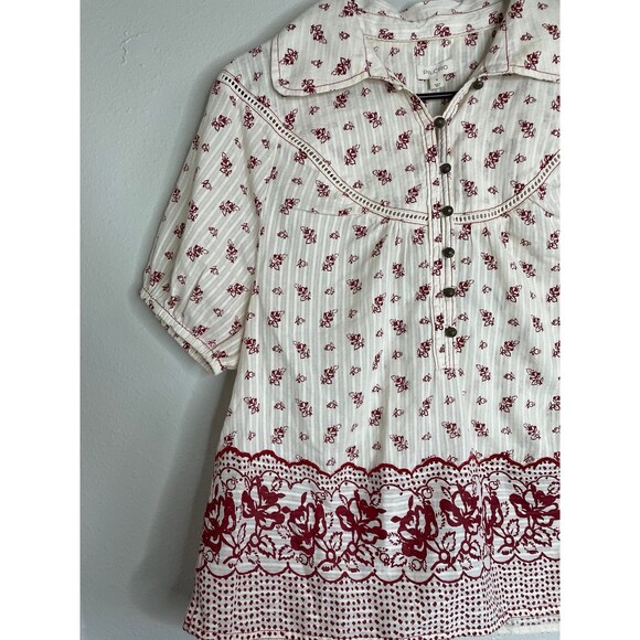 Pilcro Anthropologie Floral Boho Peasant Top S White Red Embroidered Border - Picture 4 of 7